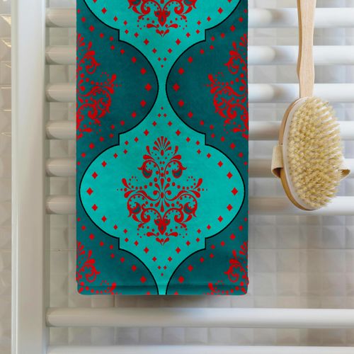 3dRose 22x30 Bath Hand Pool Towel - Teal Aqua Blue Red White Henna Style Damask Trendy Pattern Damask Designs