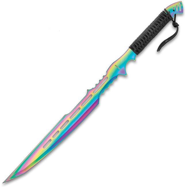 Black Legion Atlantis Fantasy Sword with Sheath - One-Piece Stainless Steel Construction, Rainbow Titanium Coating, Black Cord-Wrap - Length 28"