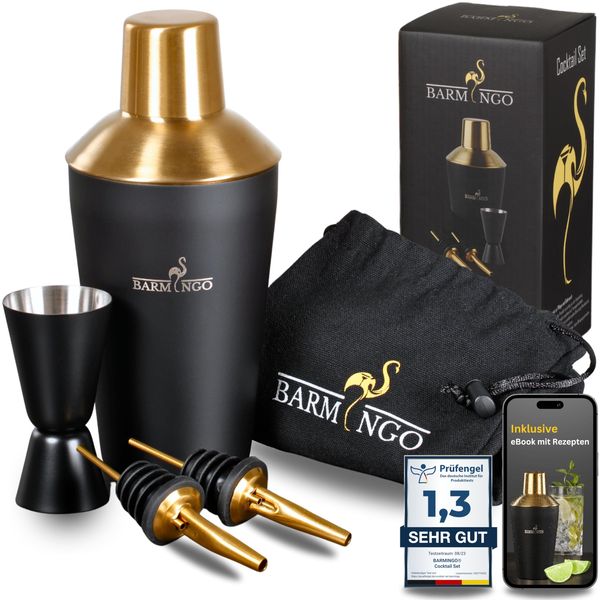 BARMINGO Cocktail Shaker Set [1,3 - SEHR GUT] - 500ml Edelstahl Cocktail Shaker mit Bar Zubehör, Cocktail Set | Cocktailshaker Set | Barkeeper Set | Cocktail Mix Set | Bar Geschenkset | Schwarz & Gold