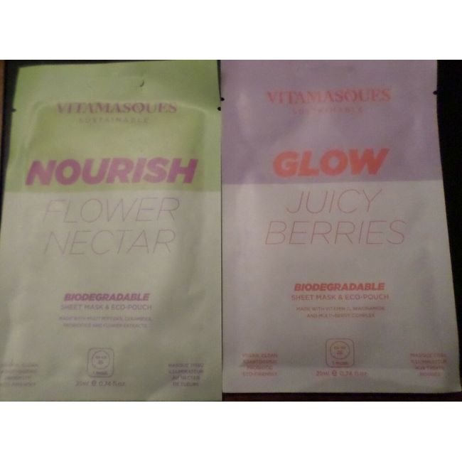 Vitamasques Sheet Masks (2) Glow Juicy Berries & Nourish Flower Nectra Face New