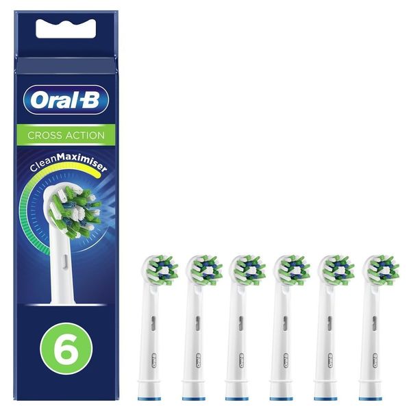 Oral-B Cross Action Electric Toothbrush Head with CleanMaximiser Technology, Angled Bristles for Deeper Plaque Removal, Pack of 6, White