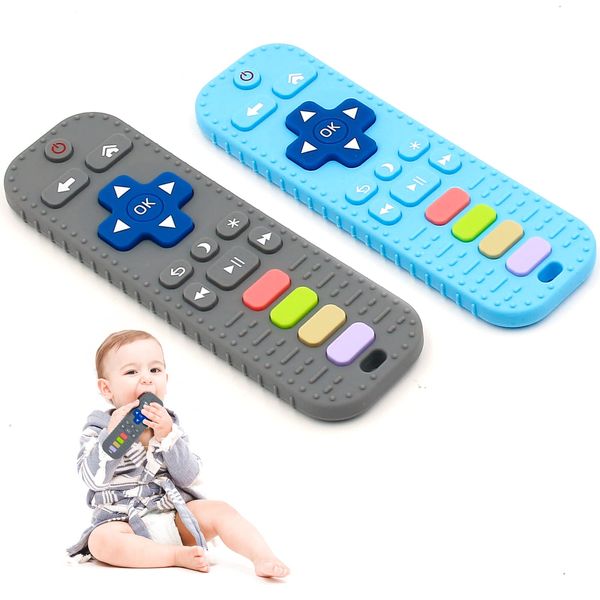 Teething Toys for Baby, 2PCS Soft Silicone Baby Teething Toy, Early Educational Remote Control Baby Toys, for Baby Chew Toys to Relief Baby Teething Gum Discomfort (Blue and Grey)