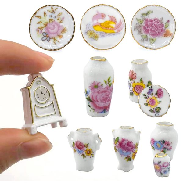 iLAND Miniature Dollhouse Accessories for Dollhouse Furniture, Mini Porcelain Vases and Decorative Plates w/a Desk Clock (Elegant Rose 11pcs)