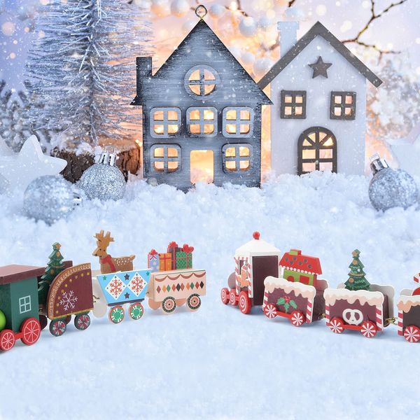 MVNISE 2pcs Christmas Wooden Train Ornament, Mini Painted Train Decoration Kids Gift Toys, Xmas Table Top Adornment for Christmas Party Kindergarten