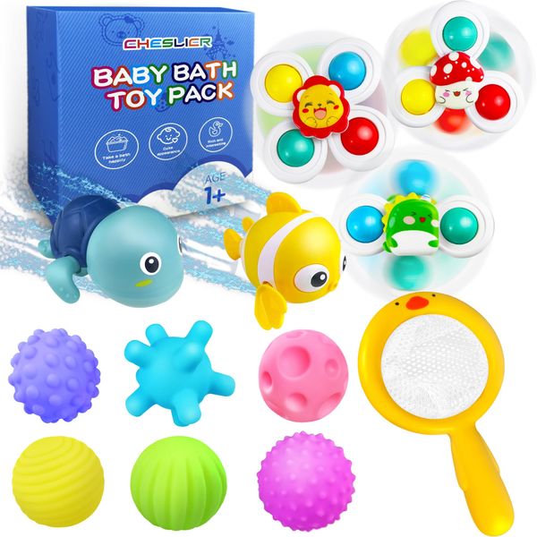 CHESLICR Baby Bath Toys Gift for Toddlers Kids Year Old Age 1 2 3, Infant Bathtub Toys Set with Suction Cup Spinners, Animal Toys, Swimming Toys, Easter Basket Christmas Stocking Stuffer for Toddlers