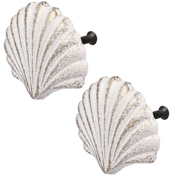 jojofuny 2pcs White Seashell Knobs Beach Themed Scallop Shells Handle Pulls Seashell Drawer Knobs Coastal Drawer Pull for Dresser Cabinet Cupboard Wardrobe Door