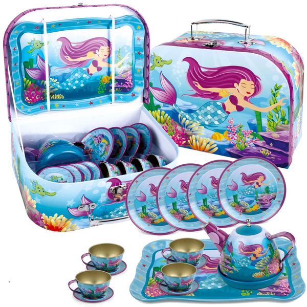 15 PCS Mermaid Tea Party Set for Little Girls, Pretend Tin Teapot Set, Princess Tea Time Play Kitchen Toy with Cups, Plates and Carrying Case for Birthday Gifts Kids Toddlers