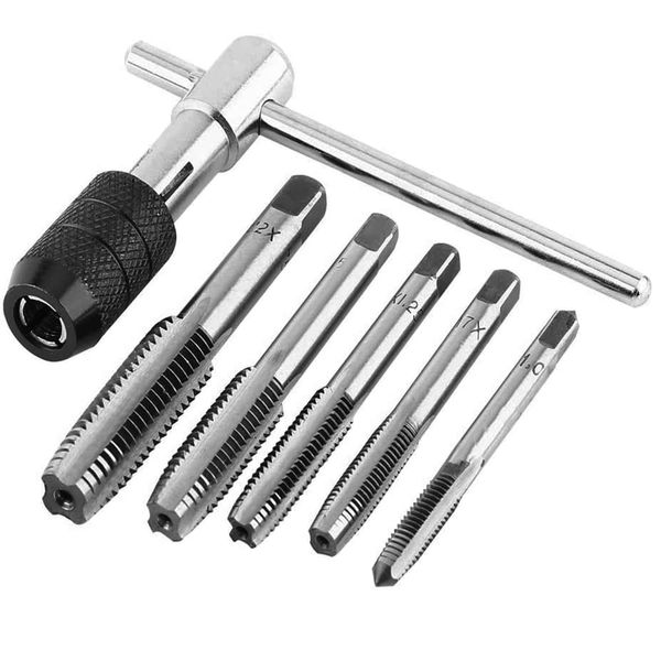 Mesee 6 Pcs Tap Wrench Tool Set, Adjustable T-Handle Ratchet Tap Holder Wrench Machine Screw Thread Metric Plug T-Taps with M3 M4 M5 M6 M8 Taps for Metal/Aluminum/Plastic/Wood