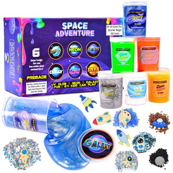 ToysButty Slime Kit for Girls Boys, 6 Galaxy Stretchy None Sticky Slime Educational Toys with Space Slime Charms &Galactic add ins,Neon Glow Metallic Slimes, Party Bag Fillers for Kids Sensory Putty