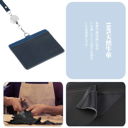 Maiwey ID Card Holder Horizontal ID Card Case Name Holder Retractable Reel with Clip Strap for Both Sides Genuine Leather Gift Packing (Dark Blue+Light Blue)