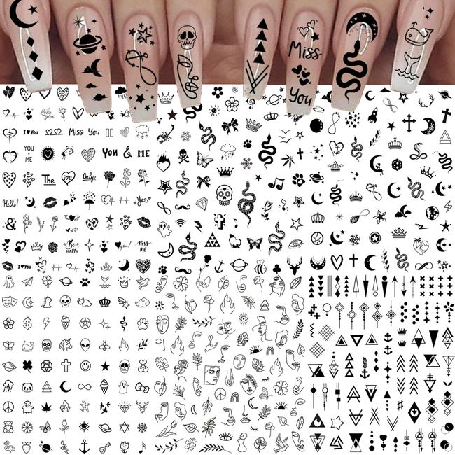 Bilizar 6 Sheets Self-Adhesive Snake Heart Moon Star Nail Art Sticker Decals, Abstract Lady Face Nail Stickers for Women DIY Manicure Decorations, Geometric Triangle Arrow Nail Decals Accessories Tip