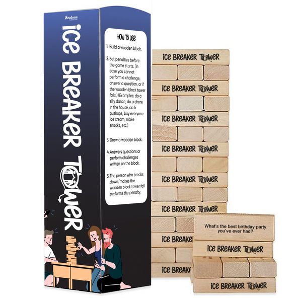 Ice Breaker Tower - Engaging Stacking Wooden Block Game - 54 Fun Conversation Starters - Create Real Conversations - Friends, Coworkers, Family, Relationships, Date & Game Night Fun - Get to Know You