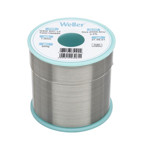 Weller WSW SAC L0 (T0051386899) Lead Free Solder Wire, Dia: 1.0 mm / 0.039 in, Wt: 500 g / 17.637 oz, Alloy Sn96.5Ag3.0Cu0.5, Flux content 3.5%