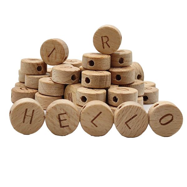 52pcs Oblate Wooden Alphabet Beads Natural Wood Laser Letter Loose Beads Unfinished Beech Round Wood chip DIY Beaded Accessories for Craft Jewelry Making (Letter Beads 52pcs)