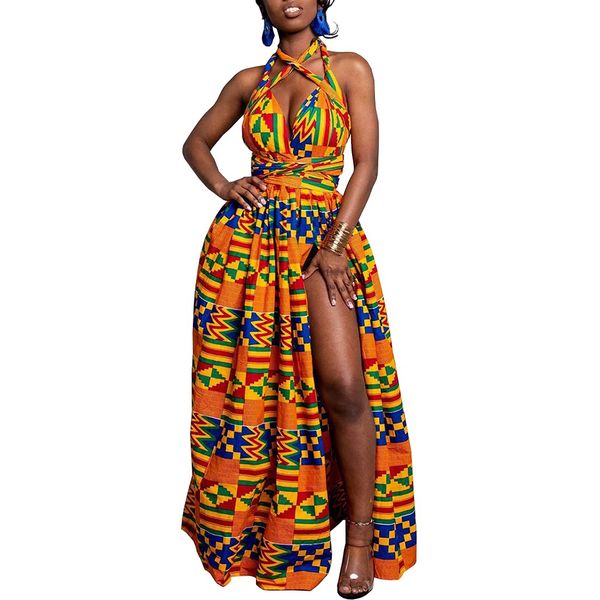 OLIPHEE Women's African Boho Dress Vintage Floor Length High Waist Multiway Bandage Dress Ethnic Costume XL, Yellow Geometric