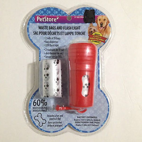 NEW PETSTORE DOG PUPPY PET POOP WASTE BAGS DISPENSER WITH LED FLASH LIGHT REFILL