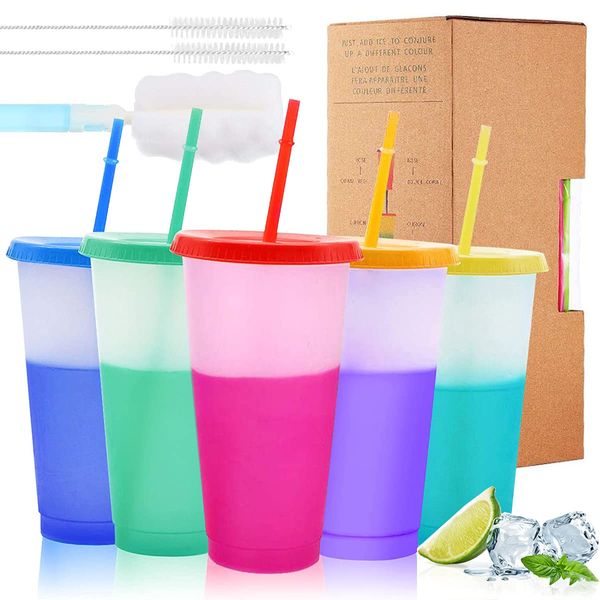 CUJIM Reusable Color Changing Cup - 5 Pack 24oz Travel Iced Coffee Mug Tumbler with Straw Lid,Plastic Smoothie Milkshake Bottle Magic Cold Drink Party Water Cups & Go Cup for Kids Adults