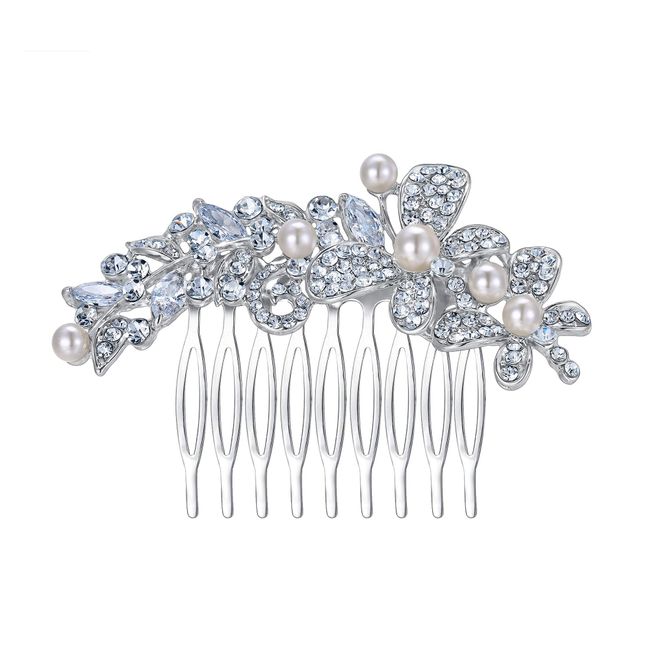 EVER FAITH Wedding Hair Comb CZ Austrian Crystal Cream Simulated Pearl Butterfly Flower Bridal Hair Clips Accessories for Brides Bridesmaids Clear Silver-Tone