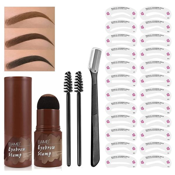 Eyebrow Stamp Stencil Kit, Waterproof Brow Stamp Shaping Kit, Makeup Tools with 24 Reusable Eyebrow Stencils, Eyebrow Brush and Trimmer (Dark Brown)