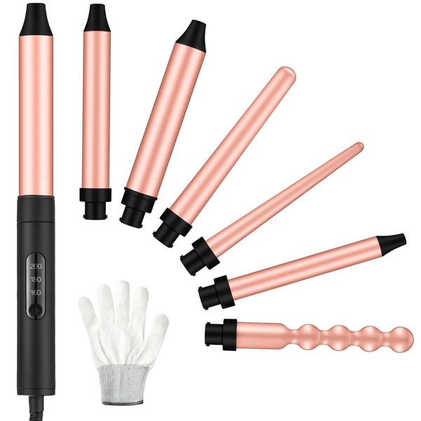 WILLBOND 6 in 1 Curling Iron Instant Heat up Curling Wand Set with 6 Interchangeable Ceramic Barrels and 3 Temperature Adjustments Curler Set Fast Heating Hair Wand Curler with Protective Glove