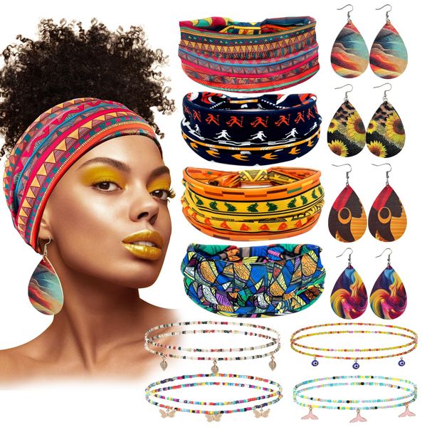 PLANTURECO 4 Sets African Headband with Leather Earrings Body Chain African Boho Headband Head Wrap African Jewelry Sets for Women