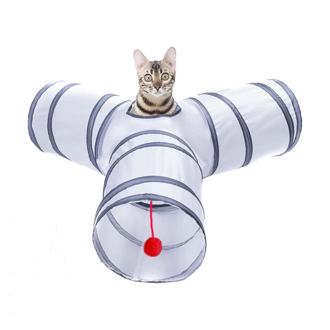 Alicedreamsky Cat Tunnel, Collapsible Tube with 1 Play Ball Toys, 3 Ways Tunnels for Indoor Cats, Puppy, Kitty, Kitten, Rabbit (White and Gray)