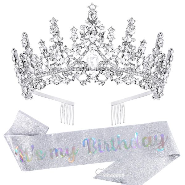 TOBATOBA It's My Birthday Sash Birthday Tiara and Crown for Women Girls Silver Glitter Birthday Sash Crystal Princess Tiara Queen Crown Quinceanera Crown Birthday Decoration Birthday Gift