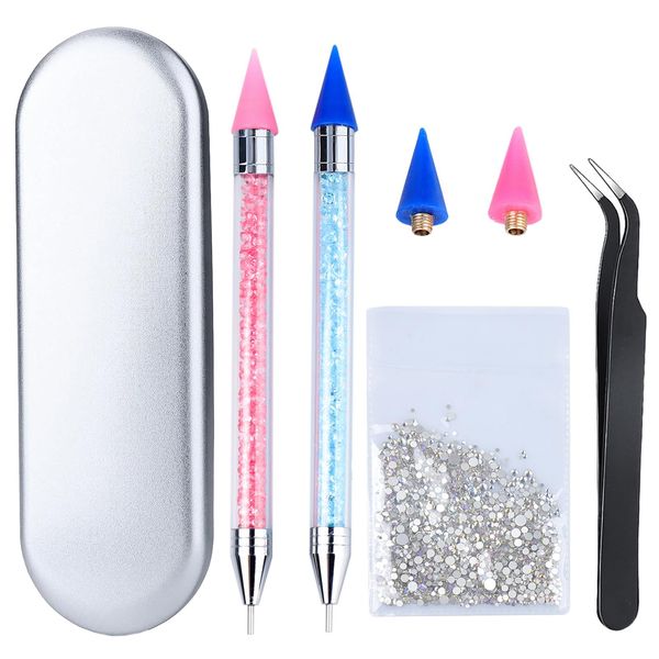 Rhinestone Picker and 1440PCS Crystal AB Rhinestones Kit, Diamond Painting Dotting Pencli, BlueZOO Dual-end Pickup Tool for Nail Gems Stones Crystals DIY Nail Art Crafts, 2 Extra Tips & 1 Tweezer