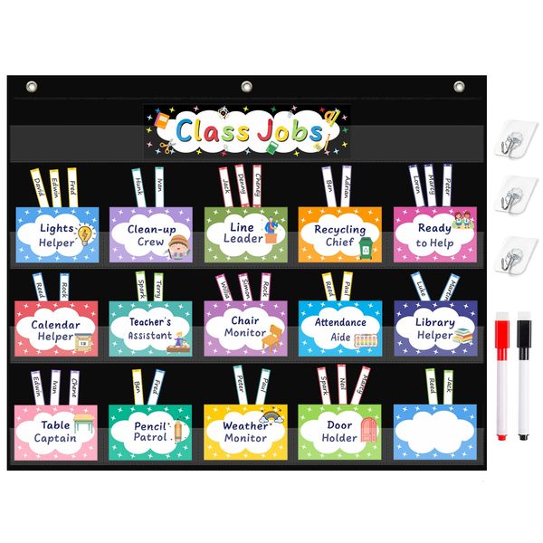 REGELETO Class Jobs Pocket Chart with 70 Colorful Dry Erase Cards and 3 Hooks,Class Management Educational Pocket Chart Teacher's Helper Size: 24.5”x21.8”inch Bulletin Board for Classroom (Black)