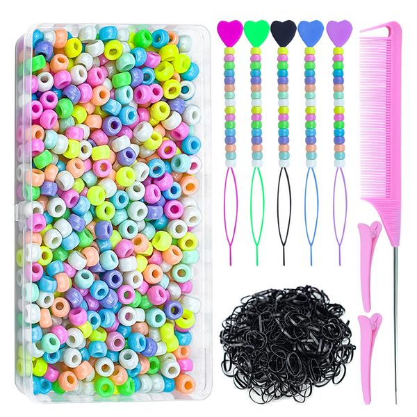 1008 Pcs Hair Beads Set with Hair Styling Tool, 500Pcs Pony Beads, 500Pcs Small Elastic Rubber Bands, 1Pcs Rattail Comb, 2Pcs Duckbill Clips, 5Pcs Quick Beaders for Kids and Girls Hair Braids