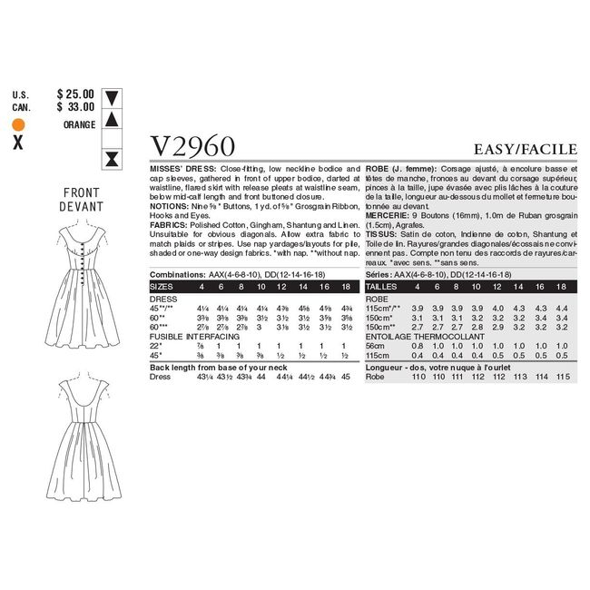 VOGUE PATTERNS V2960 Misses' Dress, Size DD (12-14-16-18)