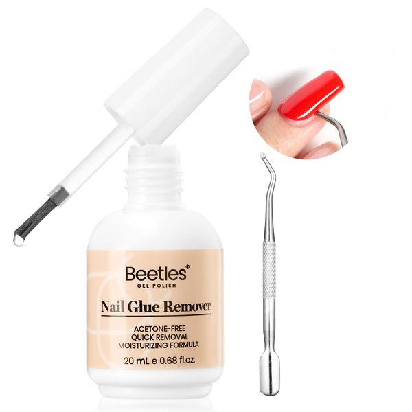 Beetles Nail Glue Remover Glue 20ml for False Nails, Press on Nails Glue Remover for Fake Nail Tips Acrylic Nail Adhesive Remover with Cuticle Pusher, Not for Uv Gel Glue or Gel Polish