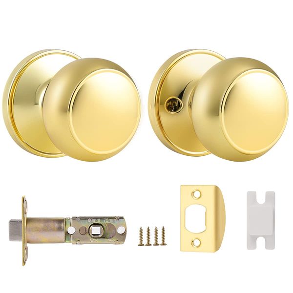 Probrico Polished Brass Passage Door Knobs, Stainless Steel Gold Round Door Knobs, Interior Door Knobs for Hall and Closet, 1 Pack