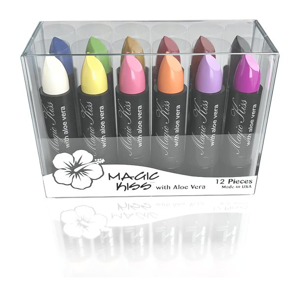 Magic Kiss Pack of 12 Color Changing Aloe Vera Lipstick Set Made in USA (Colors of Aloha 03)