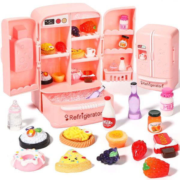 17 Pieces Dollhouse Refrigerator Mini Fridge Toy with Mini Food Set Dollhouse Kitchen Furniture Food Toys Dollhouse Miniatures Kitchen Decorations Bottles Fruit Dessert for Children (Lovely Style)