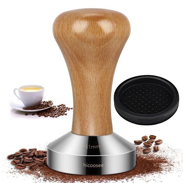 Coffee Tamper, hicoosee 51mm Stainless Steel Espresso Tamper Espresso Coffee Bean Powder Hammer for Coffee Machine