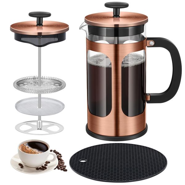 KOOYAT Cafetiere French Press Coffee Maker with Capacity of 350ml / 1 Cup Small Coffee Press for Ground Coffee in Home Office or Travel Heat-Resistant Caffettiera Gift Set for Women and Men Copper