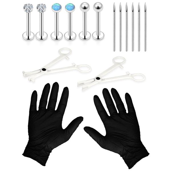 Vsnnsns Lip Piercing Kit 6 Pieces 16G Stainless Steel Lip Piercing Jewelry Piercing Needles and Piercing Clamp CZ Opal Lip Rings Barbell Body Piercing Jewelry Tools Silver