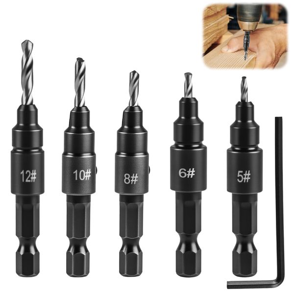5-Piece HSS Countersink Drill Bit Set, 1/4" Hex Shank Adjustable Self-Centering Countersink Bits for Wood, Plastic, Soft Metal, Chamfering & Deburring Tool