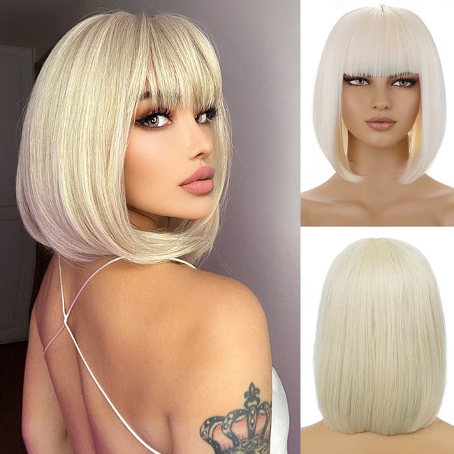 WTHCOS Blonde Wig with Bangs Short Straight Blonde Wig Short Blonde Wigs for Women Platinum Blonde Wig Bob Synthetic Wigs Daily Cosplay Party Wig with Wig Cap