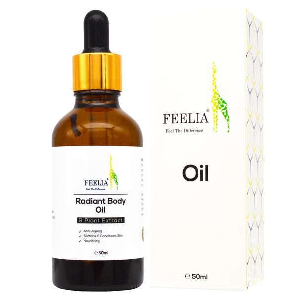 Feelia – Radiant Body Oil, With Hibiscus, Argan, Grapeseed, Jojoba, Anti Ageing, Softens & Conditions Skin, Nourishing, Rich in Vitamin E, 9 Plant Extract – 50ml