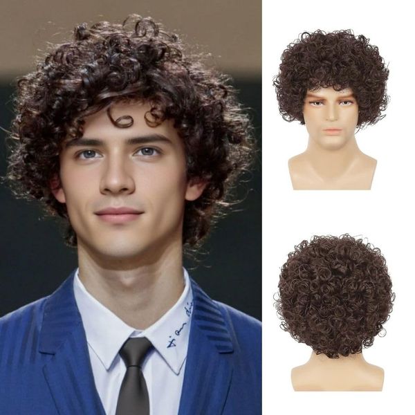 Siudus Mens Short Brown Curly Wigs Afro Kinky Curly 70s 80s Hair Wig Synthetic Fiber Hair Wig for Cosplay Daily Use