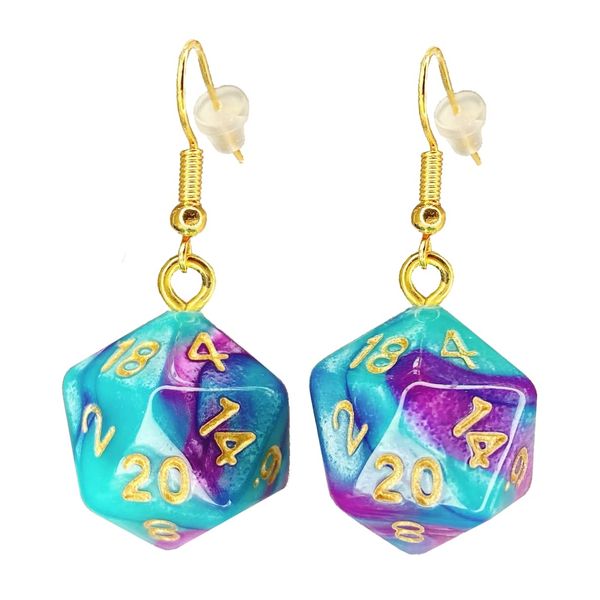 d20 20-Sided Polyhedral Dice Earrings - Hook with Earnuts (Light Blue-Purple Swirl)