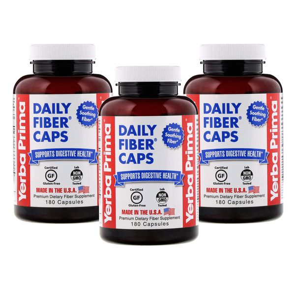 Yerba Prima Daily Fiber Capsules – 180 Caps (Pack of 3) - Soluble Dietary Fiber Supplement - Colon Cleanse - Gut Health - Constipation Relief – Vegan, Non-GMO, Gluten-Free