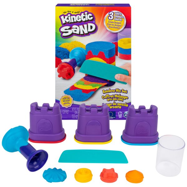 Kinetic Sand, Rainbow Mix Set with 3 Colors of Kinetic Sand (13.5oz) and 6 Tools, Play Sand Sensory Toys for Kids Ages 3 and up