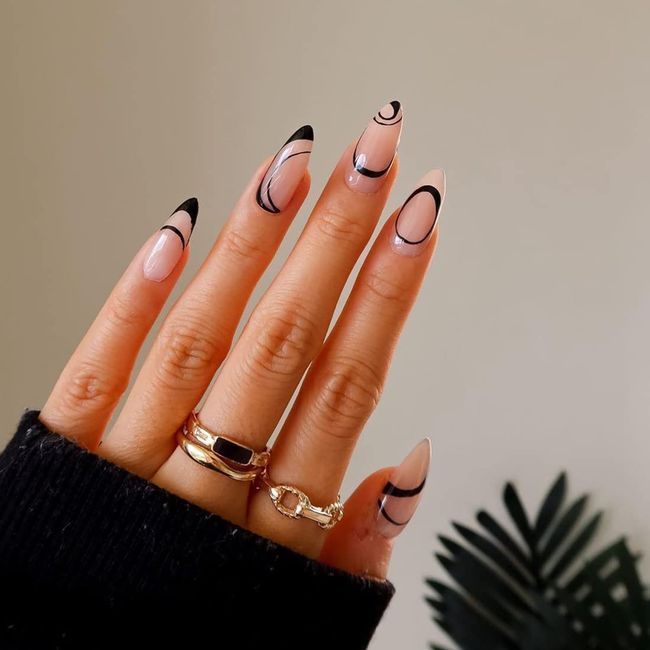 Black Stiletto Fake Nails French Press on Nails Medium Length Nude Glossy Almond Fake Nails with Swirl Design for Women and Girls Daily Decoration 24 PCS