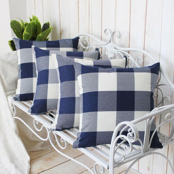 Navy Blue Buffalo Plaid Outdoor Throw Pillow Covers 18x18 Set of 4 Blue and WHT