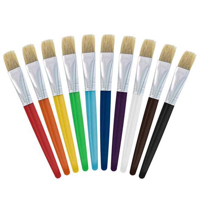 U.S. Art Supply 10-Piece Large Flat Children's Chubby Hog Bristle Tempera Paint Brush Set - Fun Kid's Party, School, Student, Class Craft Painting - Beginners Starter Artist Painting Brush Kit