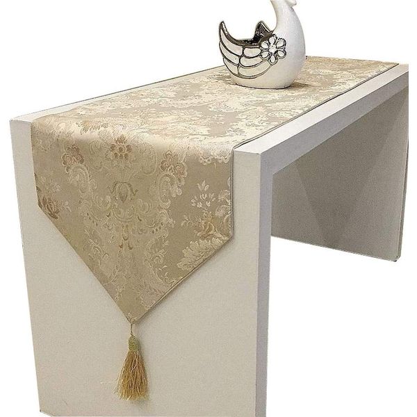 Stylish Table Runner Space Modern Interior Living Room Hospitality Asian Rug Embroidery Cover Linen Bedroom Bed Cloth Scandinavian Tassel Included (180 x 33 cm, Gold)