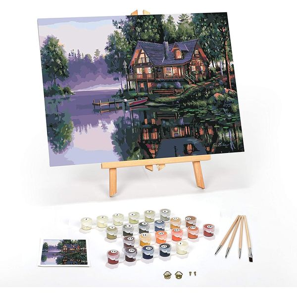 Ledgebay DIY Paint by Numbers Kit for Adults Framed Canvas: Beginner to Advanced Paint by Numbers Kit, Kits Include Acrylic Paint Set (4) Brushes & Tabletop Easel (Cabin Fever 12" x 16" Framed)